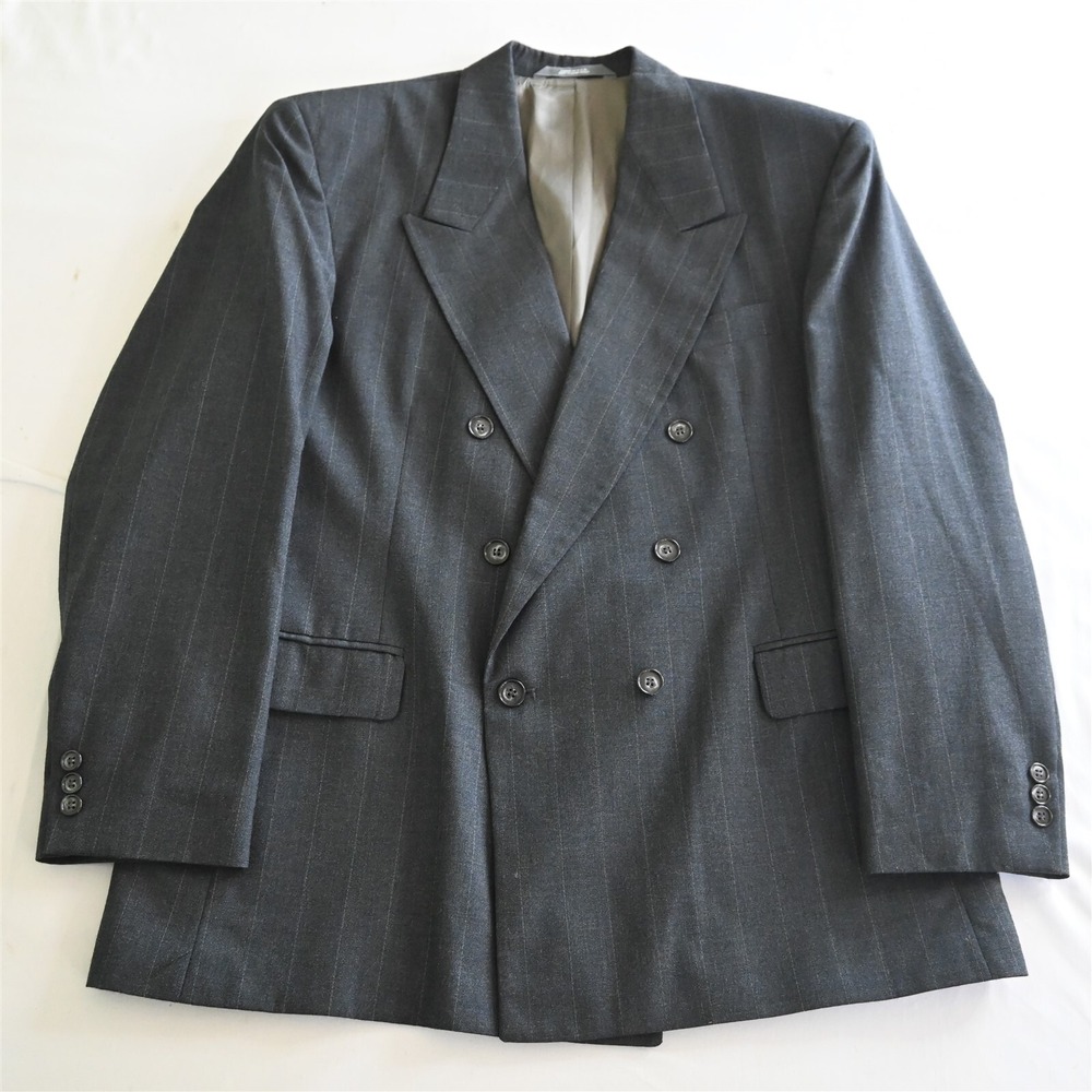 Vtg USA Made 44R Gray‎ Wide Stripe Double Breasted Blazer Suit Jacket Sport Coat